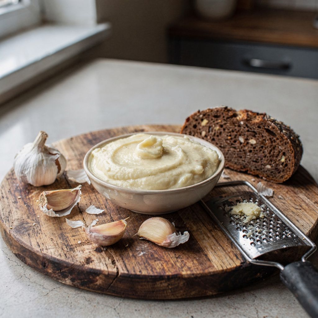 A bowl of creamy pale garlic spread on a wooden board, centred, with a few peeled garlic cloves, a small grater and a slice of dark rye bread arranged around it, and calm empty space at the edges.