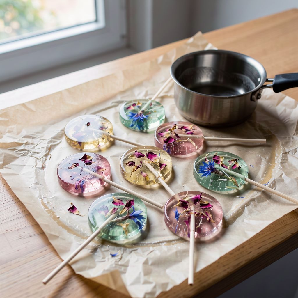 Several round clear hard-candy lollipops in pink, yellow and mint green with dried rose petals and blue cornflower petals set inside them, lying on a sheet of baking paper beside a small saucepan, centred with calm empty space around.
