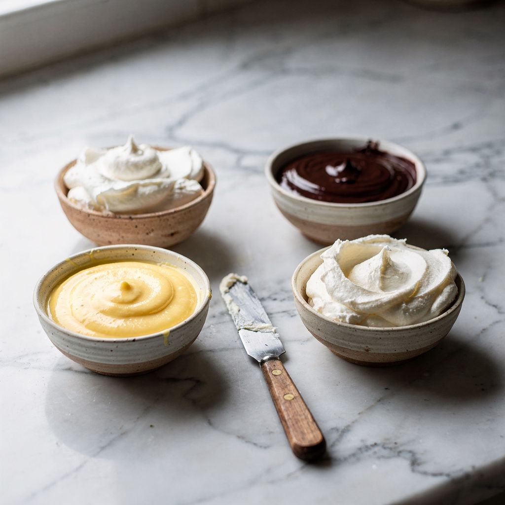Five small ceramic bowls arranged in a circle on a marble counter, each holding a different cake cream: white whipped cream, pale yellow custard, glossy dark chocolate ganache, ivory buttercream and soft white cheese cream, with a small palette knife resting in the centre. Square frame, calm empty s
