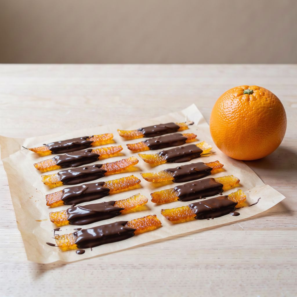 Strips of candied orange peel half-dipped in glossy dark chocolate, laid in neat rows on baking paper, with one whole orange beside them.
