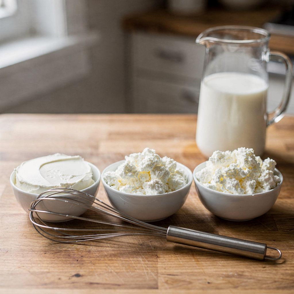 Three small white bowls on a wooden kitchen counter holding thick white cream cheese, soft curd cheese and ricotta side by side, with a hand whisk and a plain glass jug of cream beside them, arranged in the centre with calm empty space around.