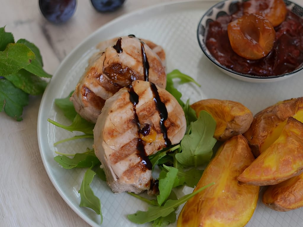 Pork Tenderloin with Plums and Streaky Bacon