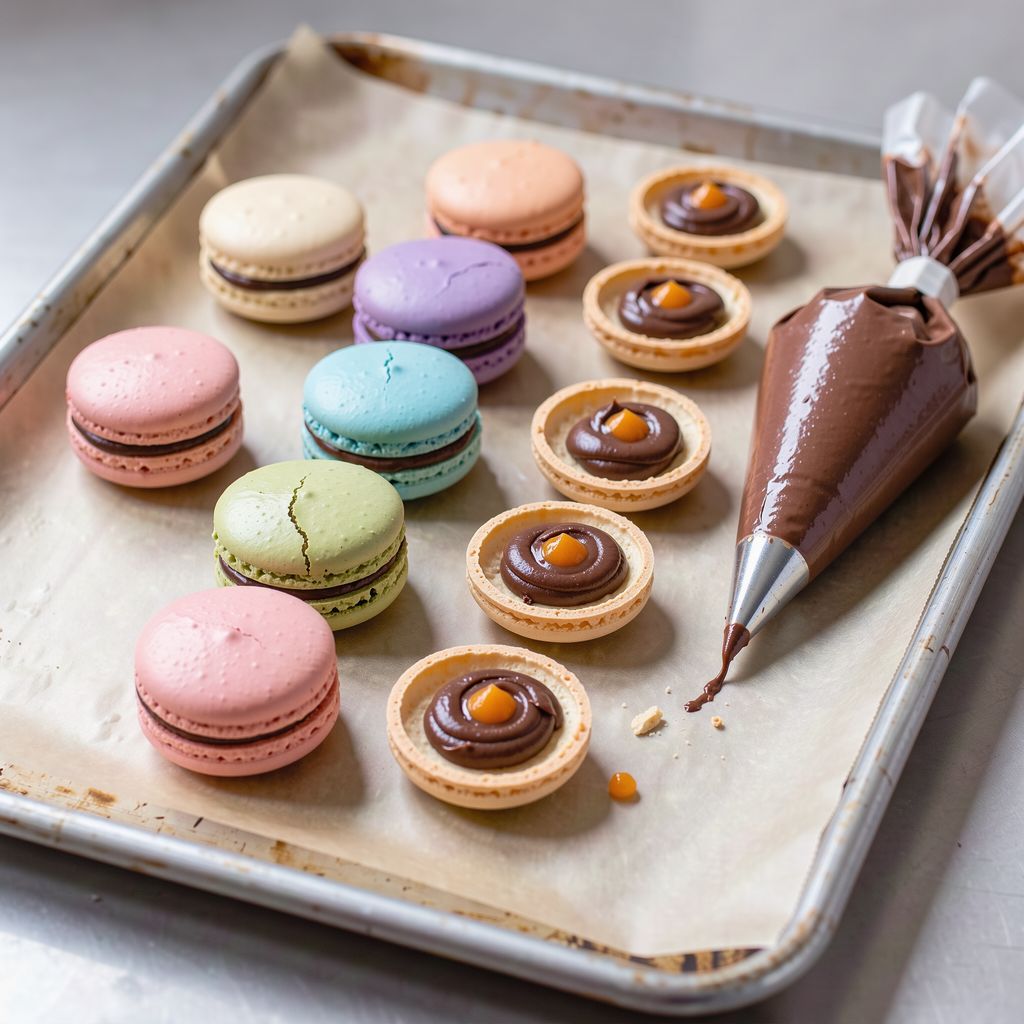Two rows of pastel macarons on a baking tray, half of them still open shells with a ring of piped chocolate ganache and a small dot of orange fruit filling in the centre, a piping bag resting beside them.